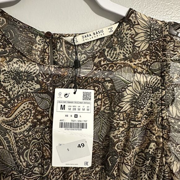 Zara Basic Collection Sz M Cold Shoulder Brown Sheer Midi Dress Floral Paisley - Picture 6 of 12